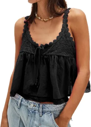 Women Lace Trim Tank Tops Y2k Tie Front Semi Sheer Crop Vest Cute Sleeveless Scoop Neck Flowy Cami Shirt