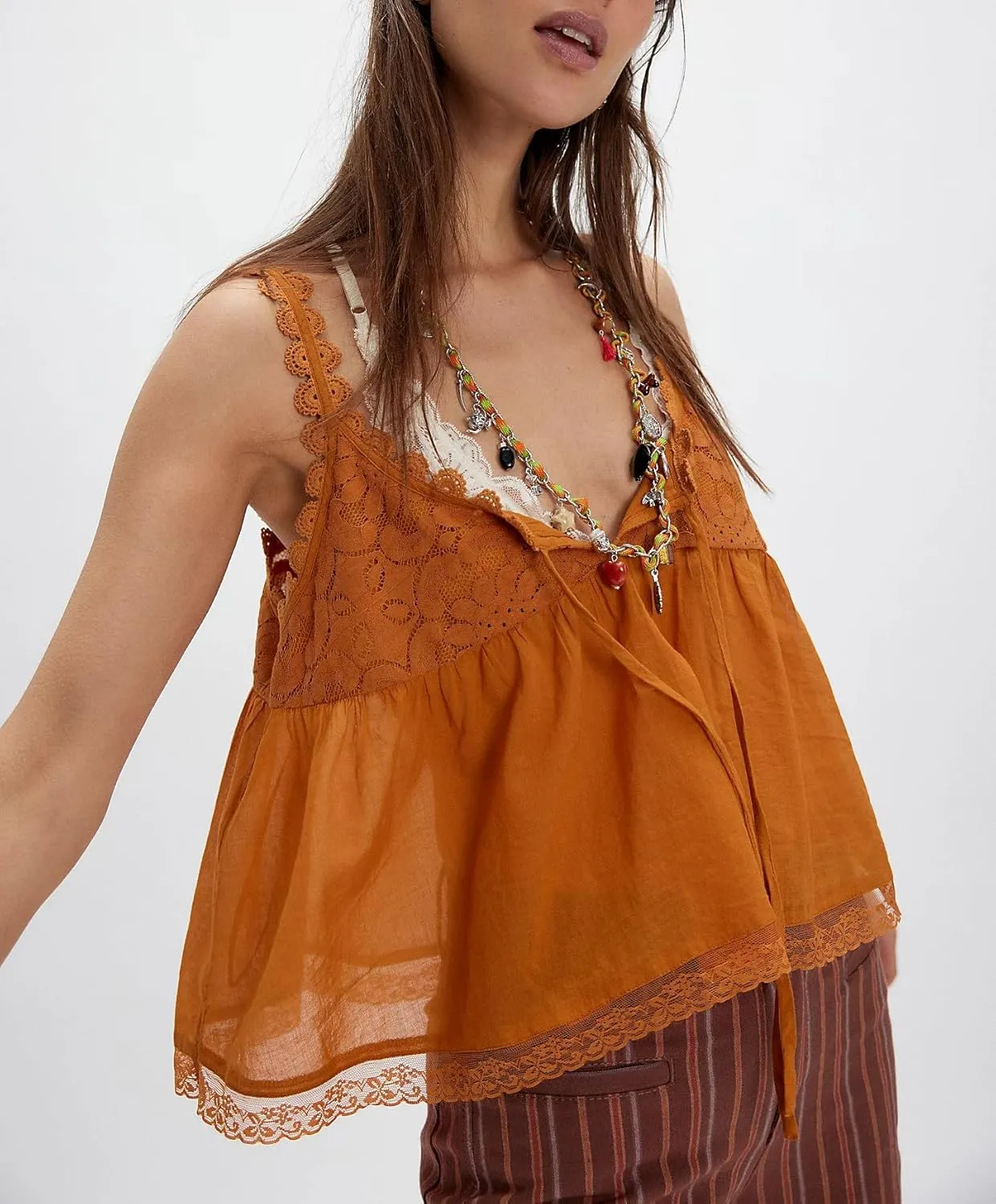 Women Lace Trim Tank Tops Y2k Tie Front Semi Sheer Crop Vest Cute Sleeveless Scoop Neck Flowy Cami Shirt