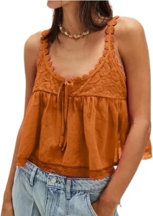 Women Lace Trim Tank Tops Y2k Tie Front Semi Sheer Crop Vest Cute Sleeveless Scoop Neck Flowy Cami Shirt