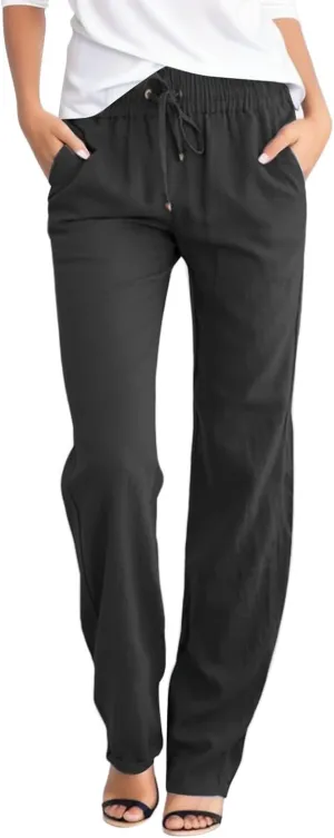 Women Linen Casual Pants Loose Fit High Waist Straight Leg Trousers Palazzo Pants with Drawstring Baggy Athletic Jogger Pants