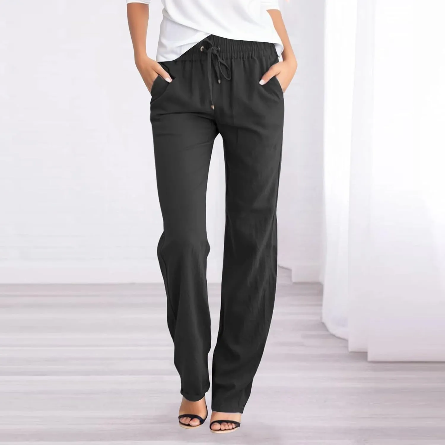 Women Linen Casual Pants Loose Fit High Waist Straight Leg Trousers Palazzo Pants with Drawstring Baggy Athletic Jogger Pants