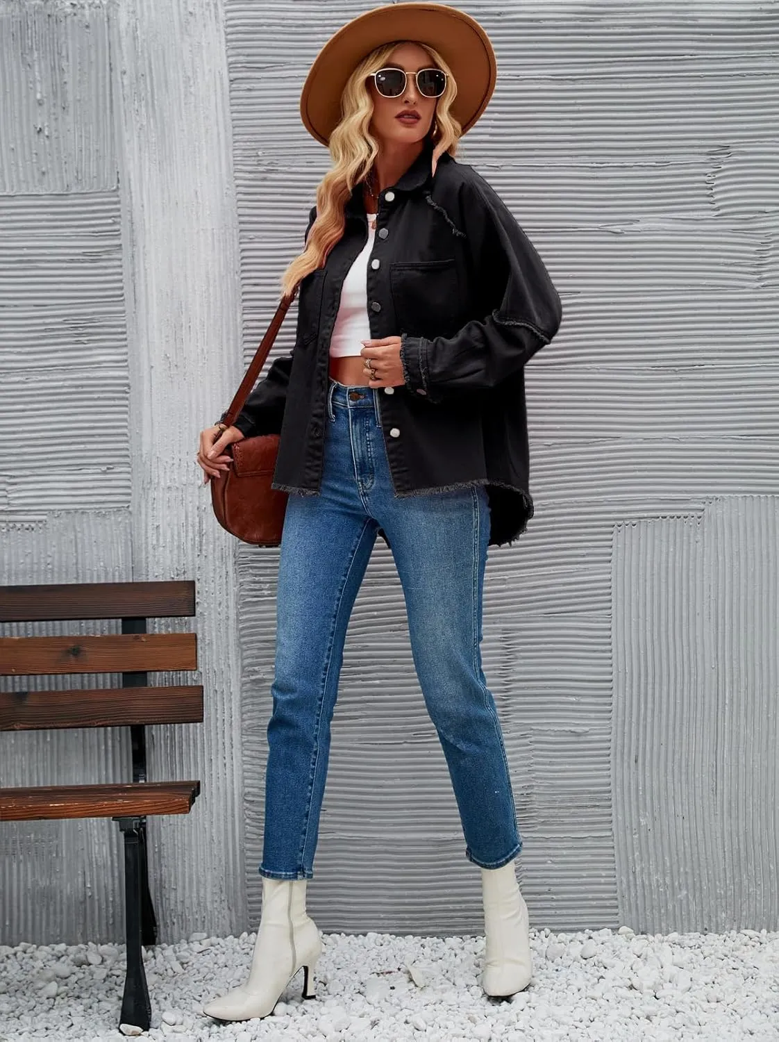 Women Long Sleeve Denim Jacket Oversized Lapel Button Up Shacket Casual Boyfriend Western Trucker Jean Jackets