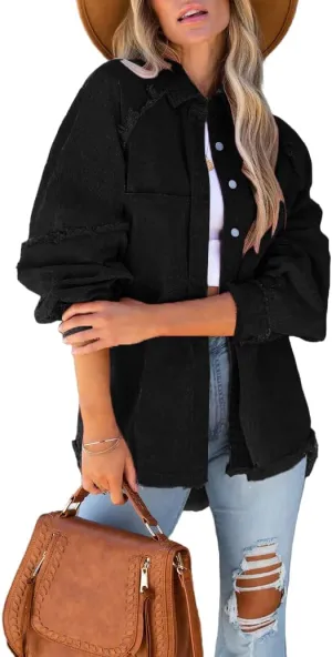 Women Long Sleeve Denim Jacket Oversized Lapel Button Up Shacket Casual Boyfriend Western Trucker Jean Jackets