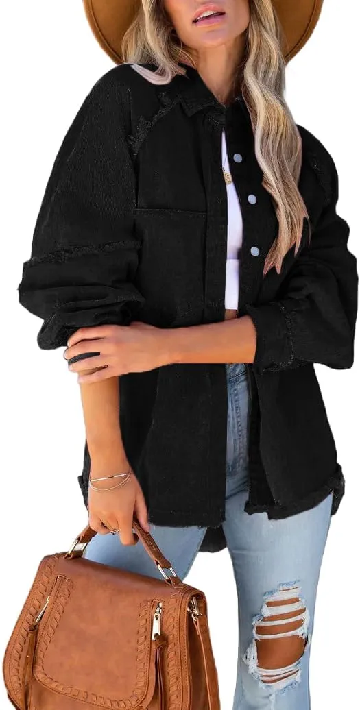 Women Long Sleeve Denim Jacket Oversized Lapel Button Up Shacket Casual Boyfriend Western Trucker Jean Jackets