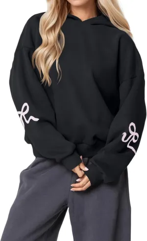 Women Oversized Bow Hoodies Long Sleeve Cute Graphic Hooded Sweatshirts Preppy Aesthetic Pullover Top