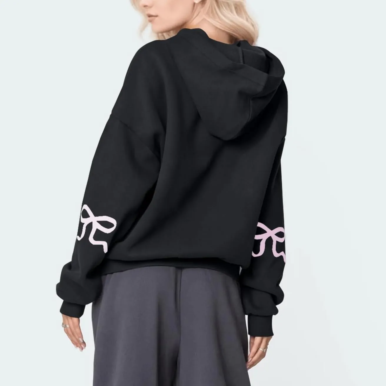 Women Oversized Bow Hoodies Long Sleeve Cute Graphic Hooded Sweatshirts Preppy Aesthetic Pullover Top