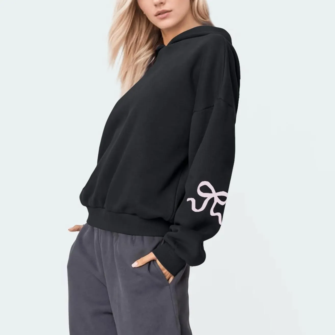 Women Oversized Bow Hoodies Long Sleeve Cute Graphic Hooded Sweatshirts Preppy Aesthetic Pullover Top