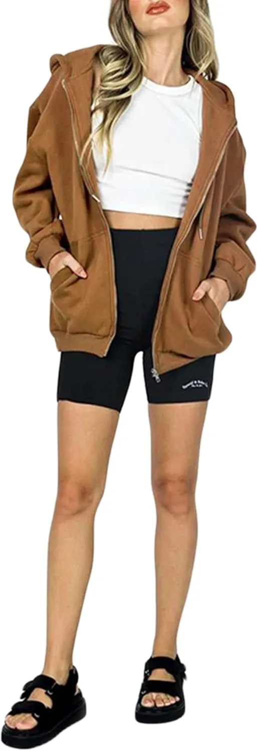 Women Oversized Zip Up Hoodies Sweatshirts Clothes Teen Girl Casual Drawstring Jackets with Pockets