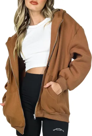Women Oversized Zip Up Hoodies Sweatshirts Clothes Teen Girl Casual Drawstring Jackets with Pockets