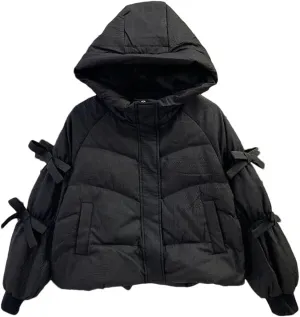 Women Parkas Bow Down Cotton Padded Jackets Zippers Casual Solid Warm Thick Hooded Coat
