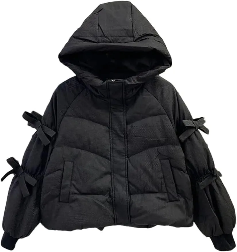Women Parkas Bow Down Cotton Padded Jackets Zippers Casual Solid Warm Thick Hooded Coat