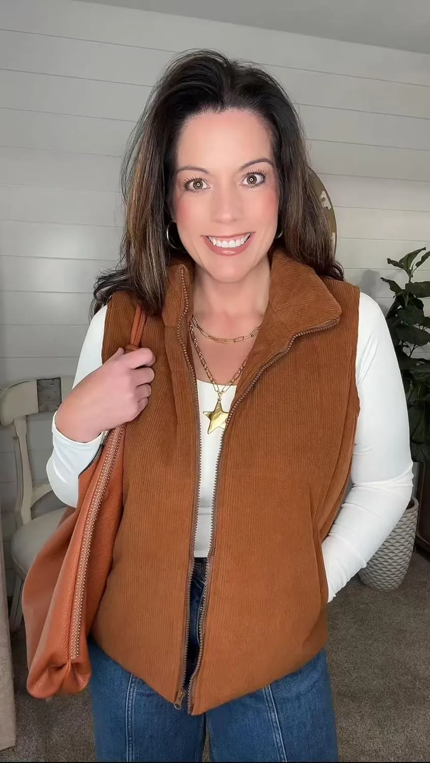 Women Quilted Puffer Vest Corduroy Sleeveless Jacket Zip Up Stand collar Lightweight Outerwear with Pocket 2025 Trendy