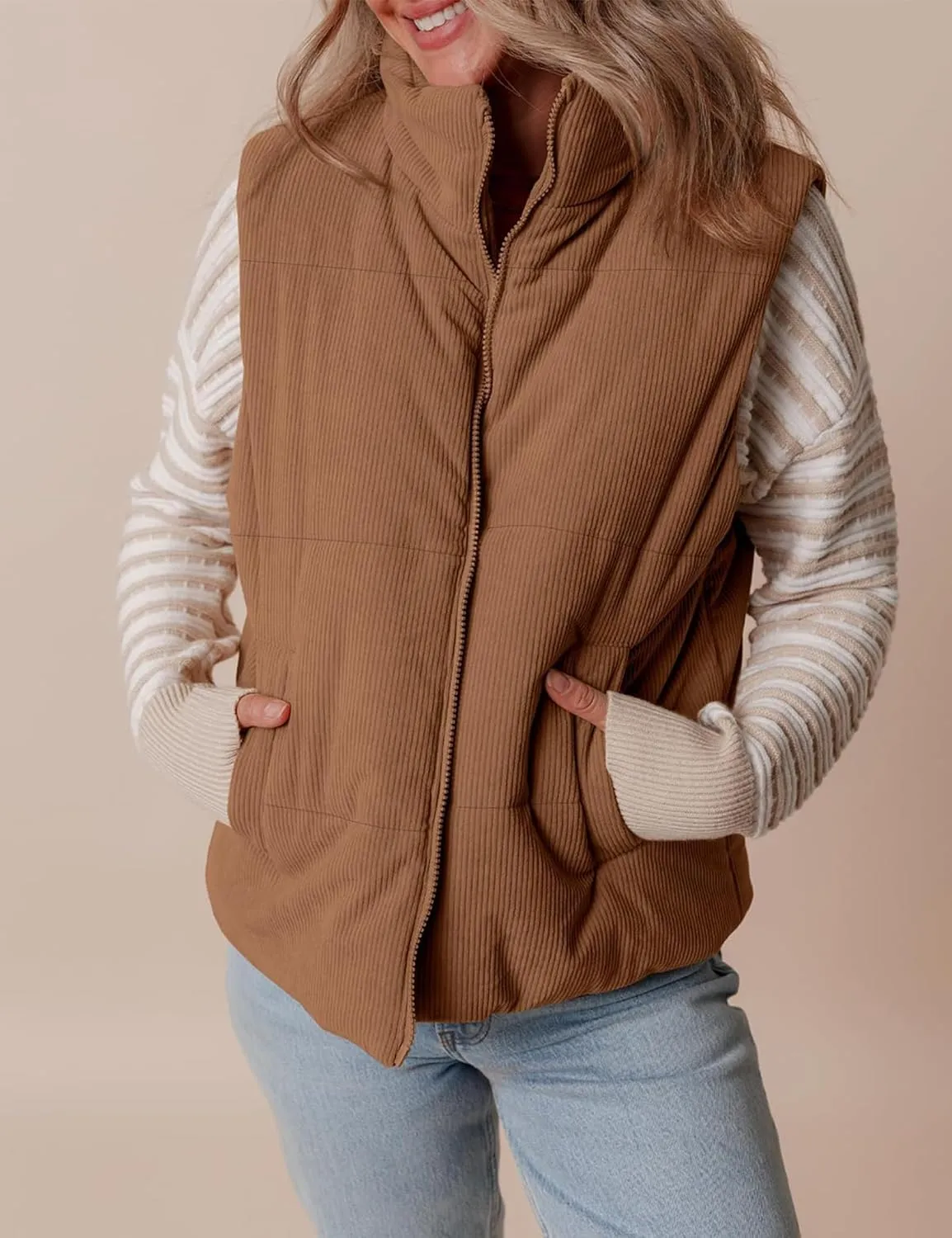 Women Quilted Puffer Vest Corduroy Sleeveless Jacket Zip Up Stand collar Lightweight Outerwear with Pocket 2025 Trendy