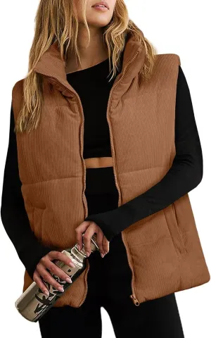 Women Quilted Puffer Vest Corduroy Sleeveless Jacket Zip Up Stand collar Lightweight Outerwear with Pocket 2025 Trendy