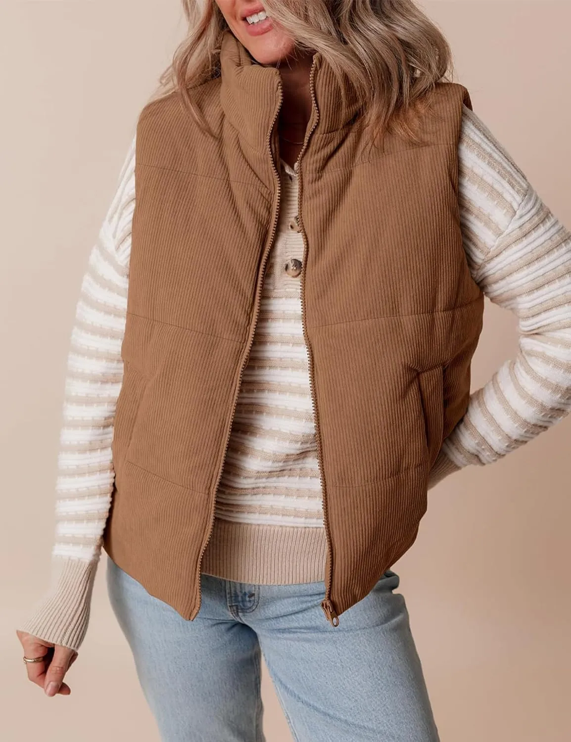 Women Quilted Puffer Vest Corduroy Sleeveless Jacket Zip Up Stand collar Lightweight Outerwear with Pocket 2025 Trendy