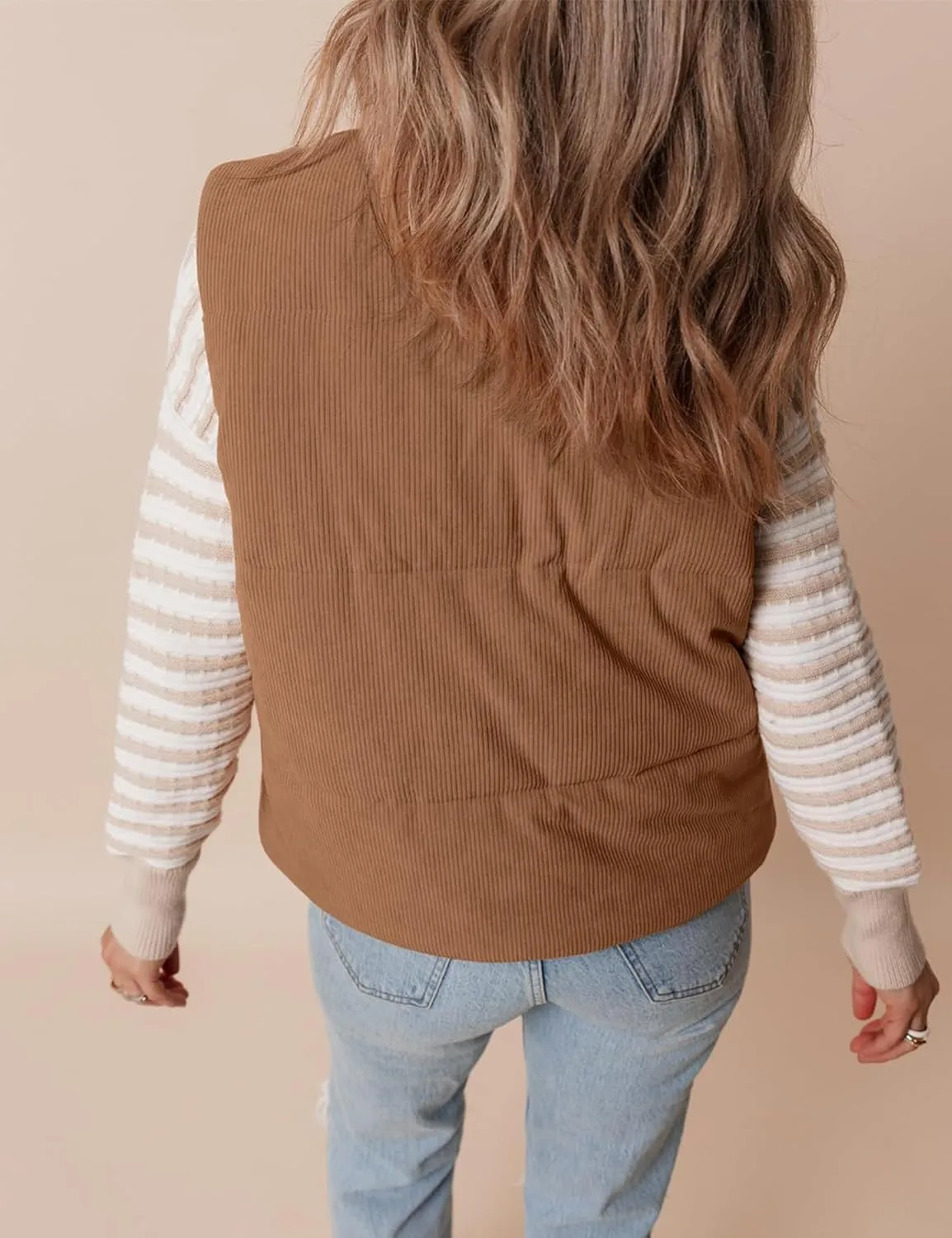 Women Quilted Puffer Vest Corduroy Sleeveless Jacket Zip Up Stand collar Lightweight Outerwear with Pocket 2025 Trendy