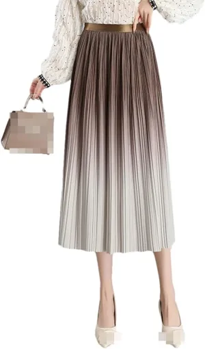 Women Spring Summer Gradual Skirt Black Blue Elastic Waist Midi Pleated Skirts