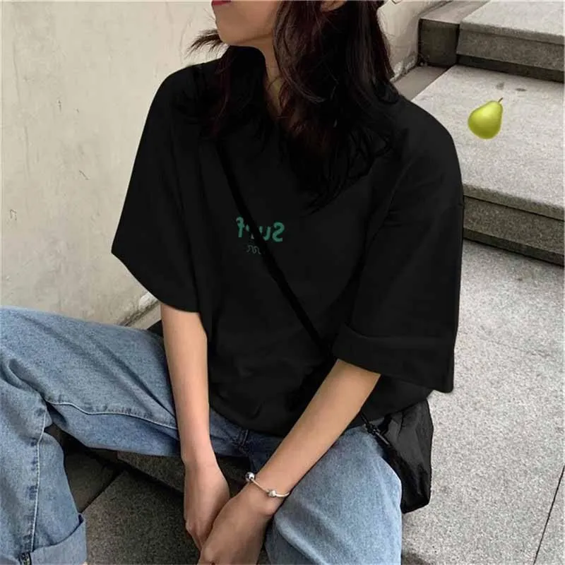 Women Summer Minimalist Alphabets Printed Loose Korean Student Tops Plus Size T-Shirt