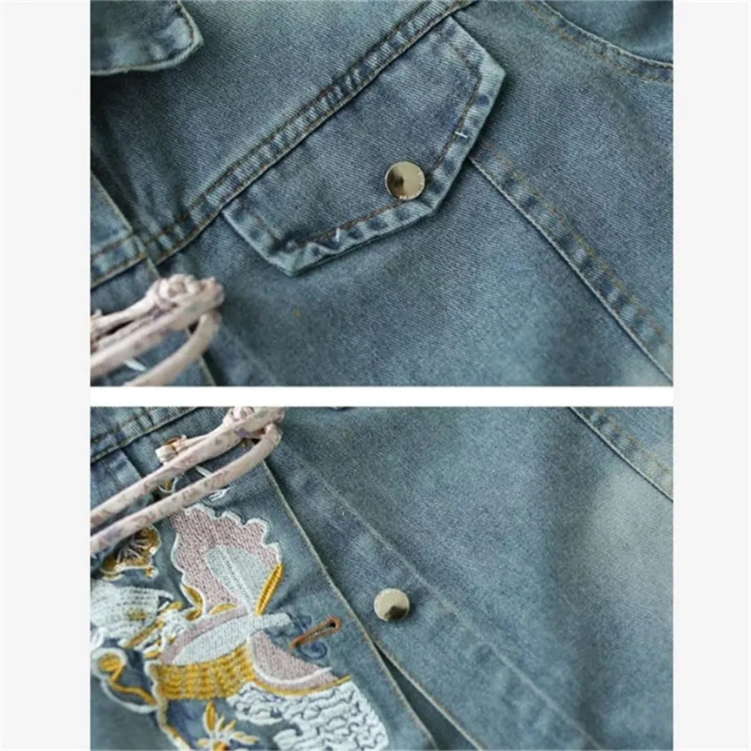 Women Vintage Denim Short Jacket Chinese Style Embroidery Dial Buckle Jeans Coat Long Sleeve Denim Coat
