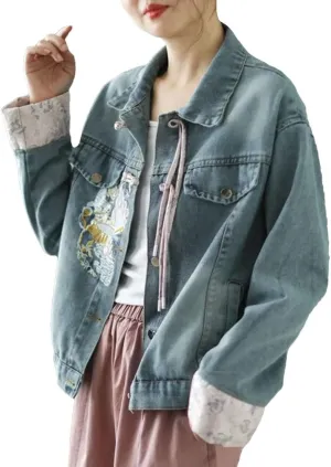 Women Vintage Denim Short Jacket Chinese Style Embroidery Dial Buckle Jeans Coat Long Sleeve Denim Coat