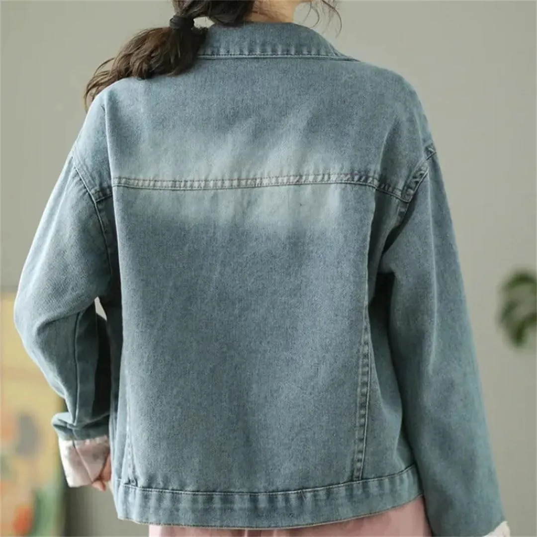 Women Vintage Denim Short Jacket Chinese Style Embroidery Dial Buckle Jeans Coat Long Sleeve Denim Coat