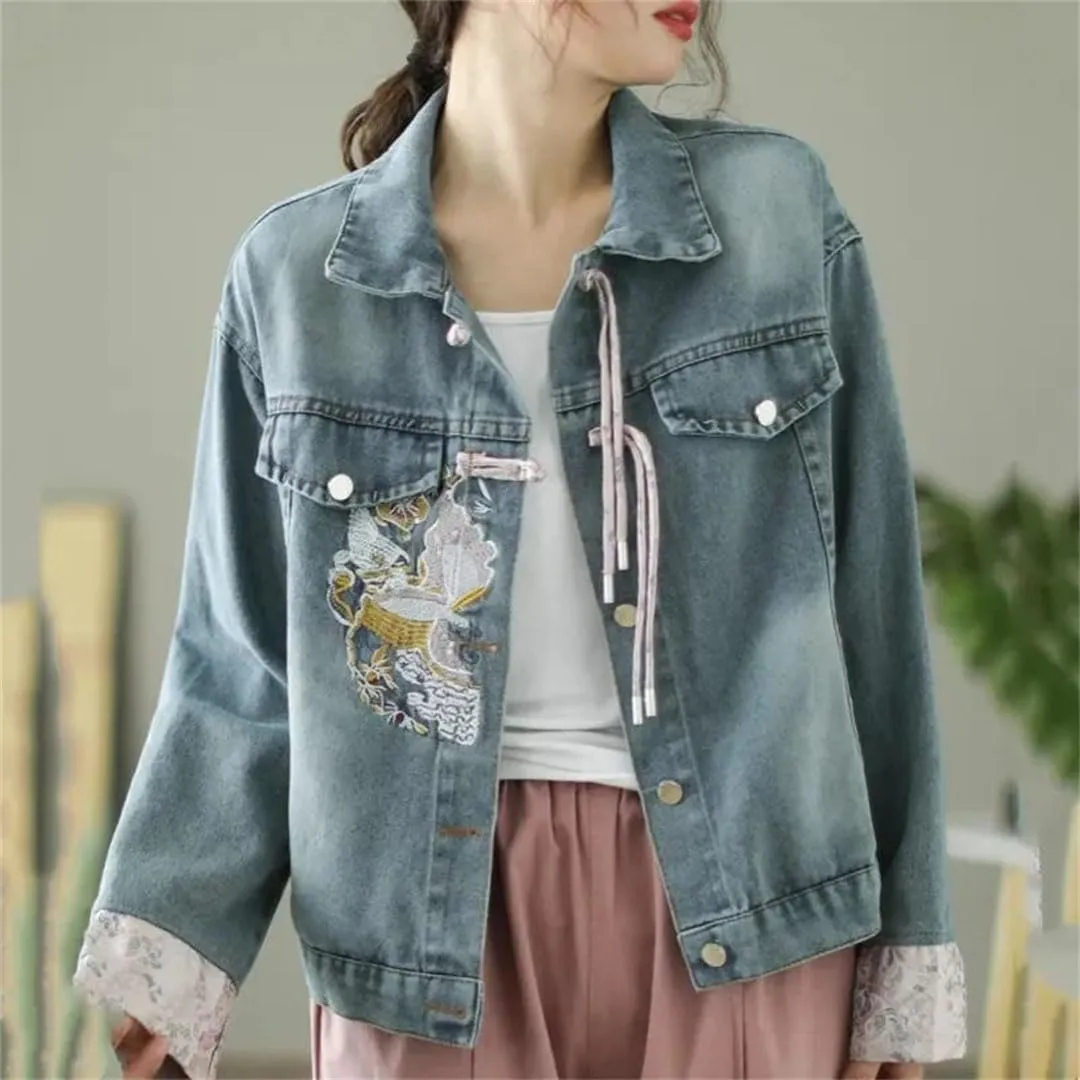 Women Vintage Denim Short Jacket Chinese Style Embroidery Dial Buckle Jeans Coat Long Sleeve Denim Coat