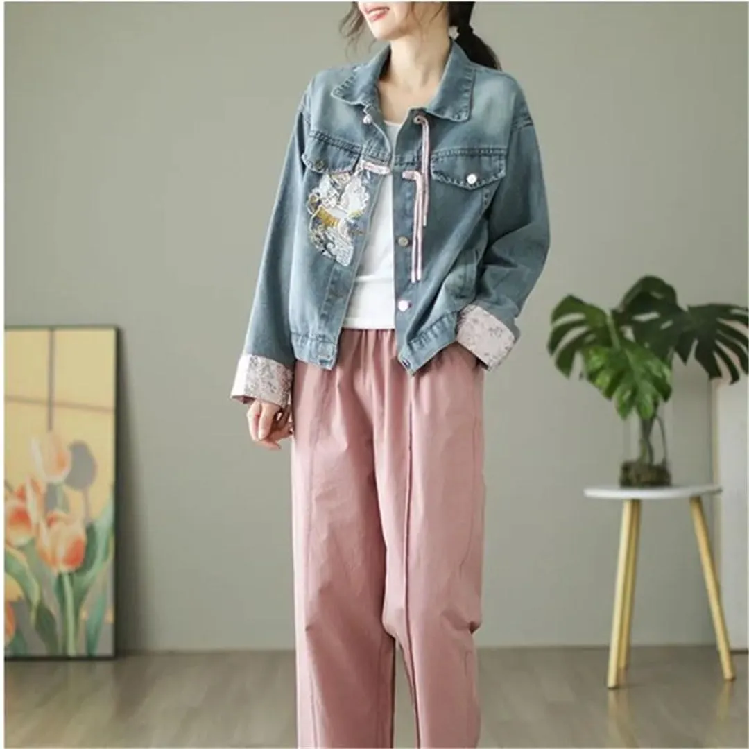 Women Vintage Denim Short Jacket Chinese Style Embroidery Dial Buckle Jeans Coat Long Sleeve Denim Coat