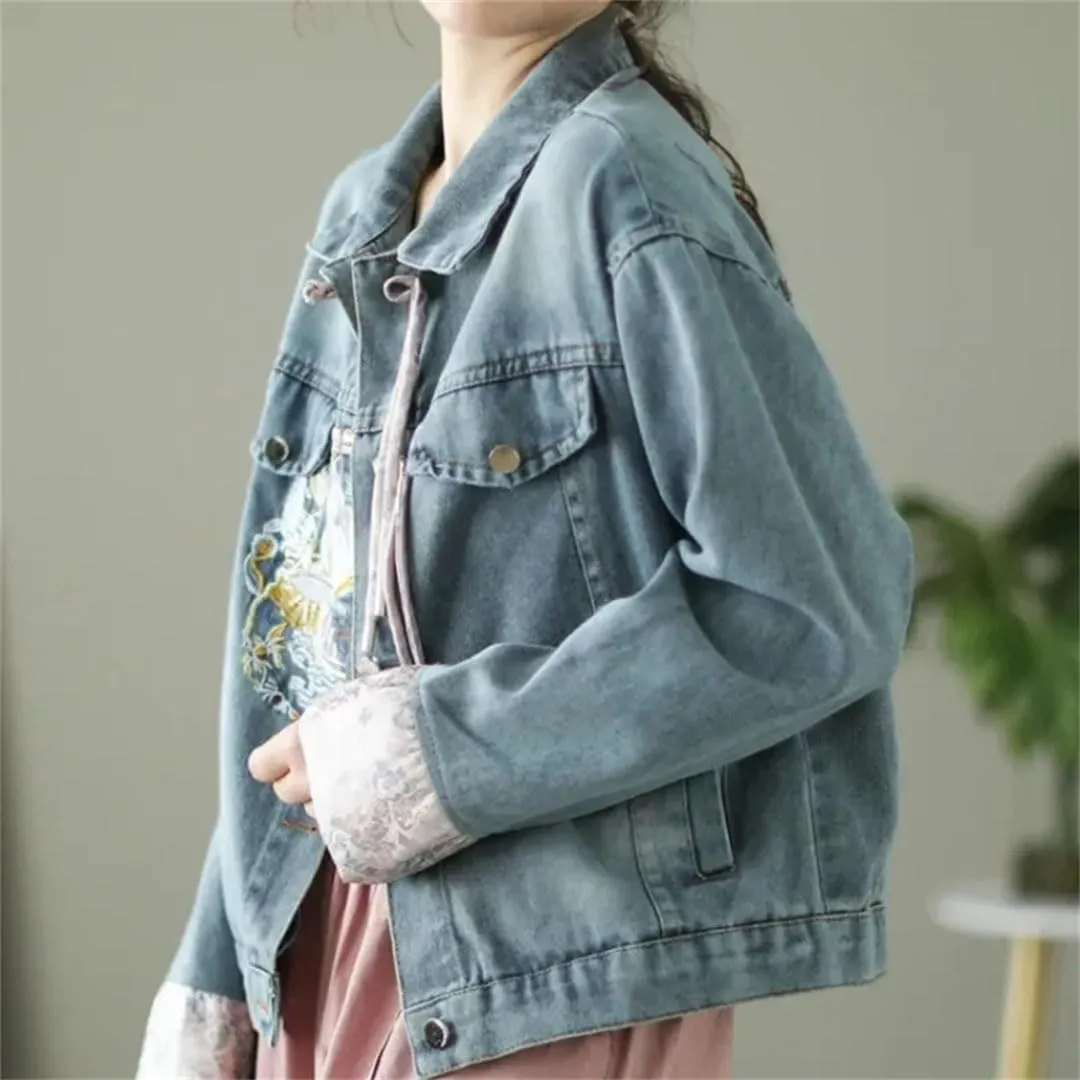 Women Vintage Denim Short Jacket Chinese Style Embroidery Dial Buckle Jeans Coat Long Sleeve Denim Coat