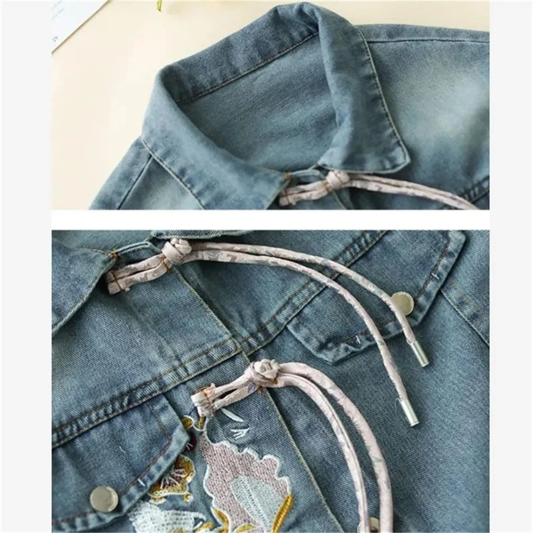 Women Vintage Denim Short Jacket Chinese Style Embroidery Dial Buckle Jeans Coat Long Sleeve Denim Coat