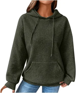 Women Waffle Casual Hoodie Long Sleeves Fashion Drawstring Pullover Sweatshirts Loose Fit Tunic Winter Tops Comy Shirt