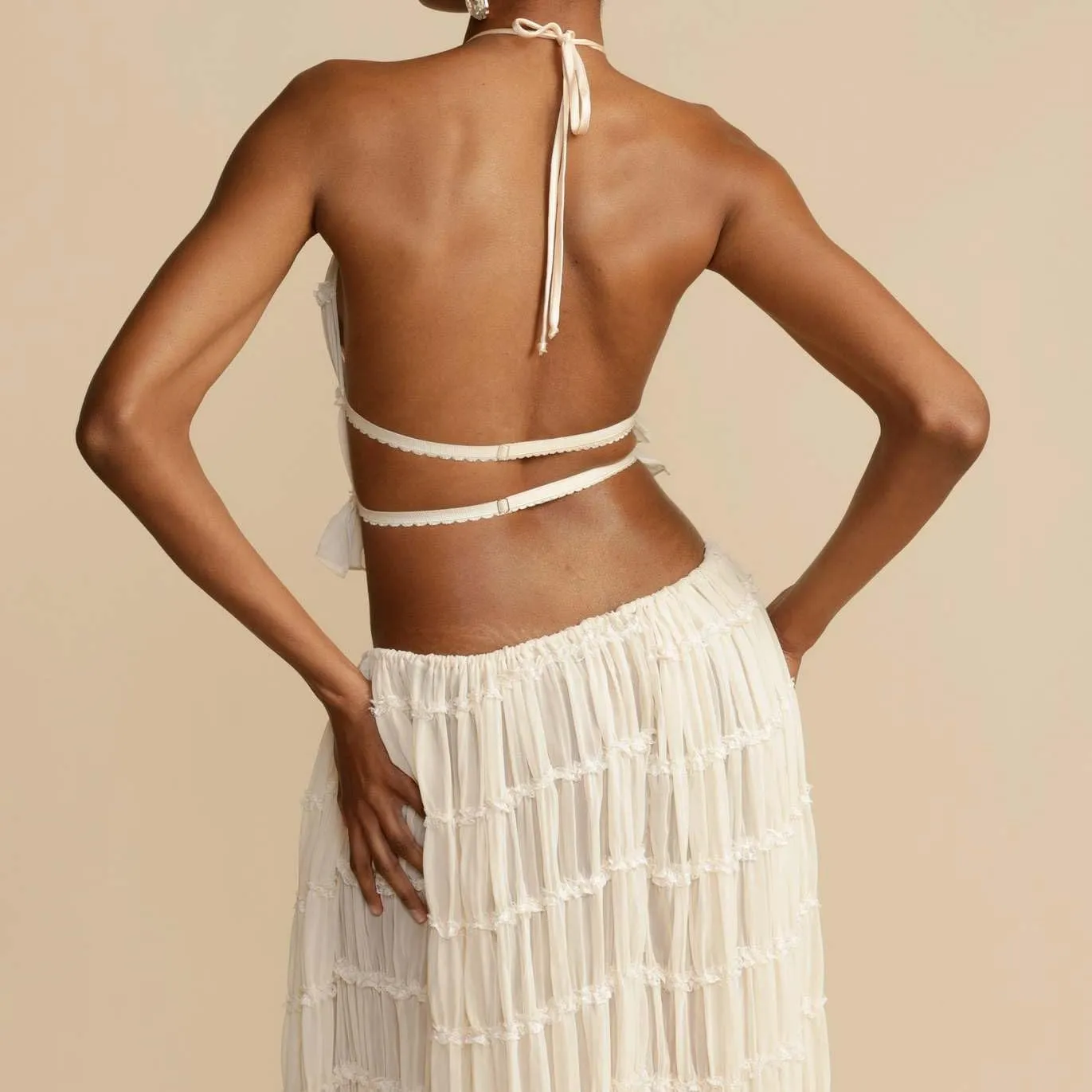 Women Y2k 2 Piece Outfits Lace Tie Up Halter Neck Cami Tops Pleated Maxi Flowy Skirt Summer Beach Vacation Set
