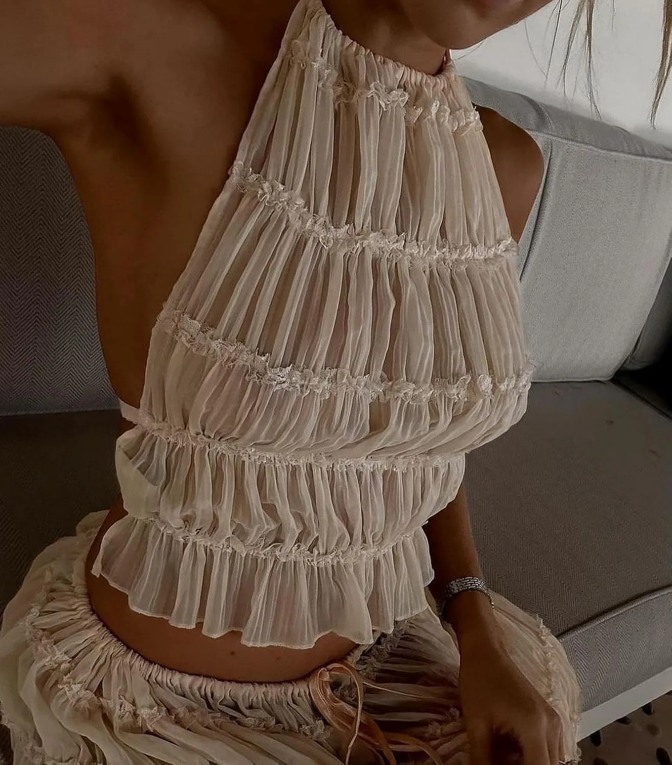 Women Y2k 2 Piece Outfits Lace Tie Up Halter Neck Cami Tops Pleated Maxi Flowy Skirt Summer Beach Vacation Set