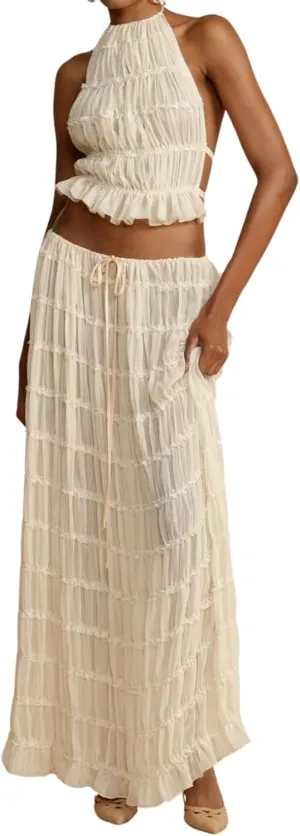 Women Y2k 2 Piece Outfits Lace Tie Up Halter Neck Cami Tops Pleated Maxi Flowy Skirt Summer Beach Vacation Set