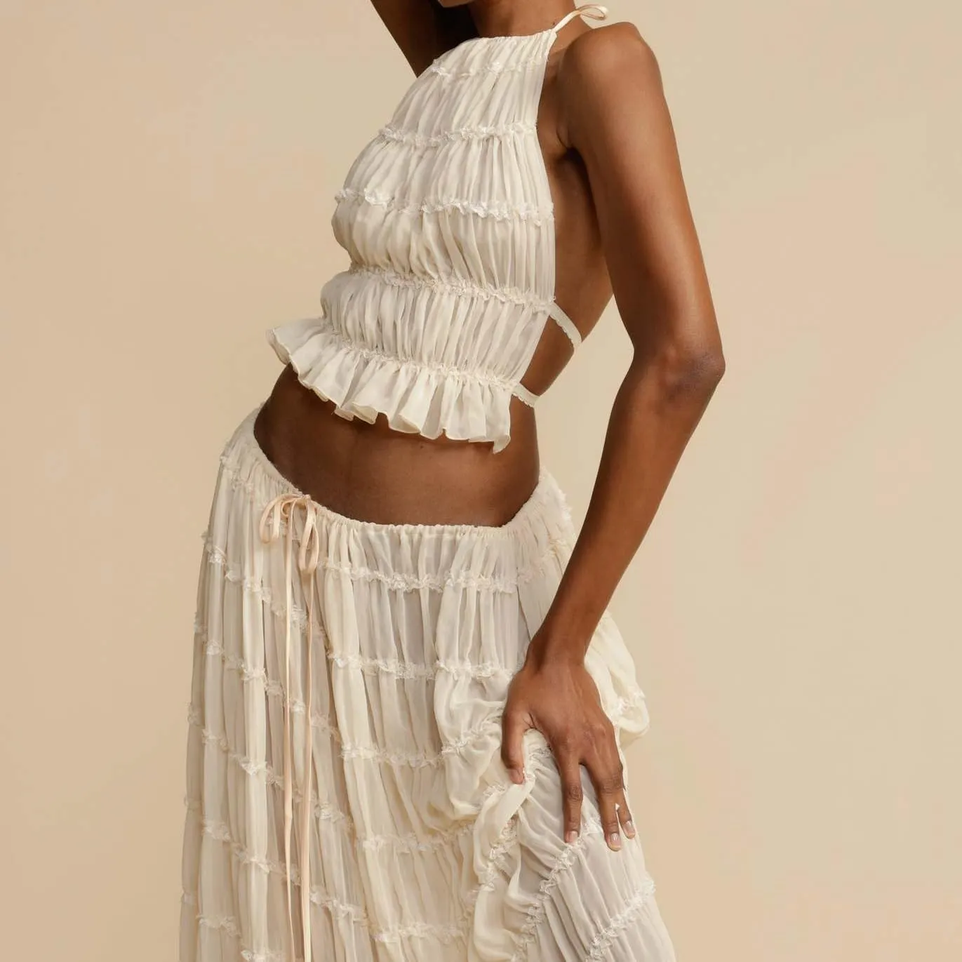 Women Y2k 2 Piece Outfits Lace Tie Up Halter Neck Cami Tops Pleated Maxi Flowy Skirt Summer Beach Vacation Set