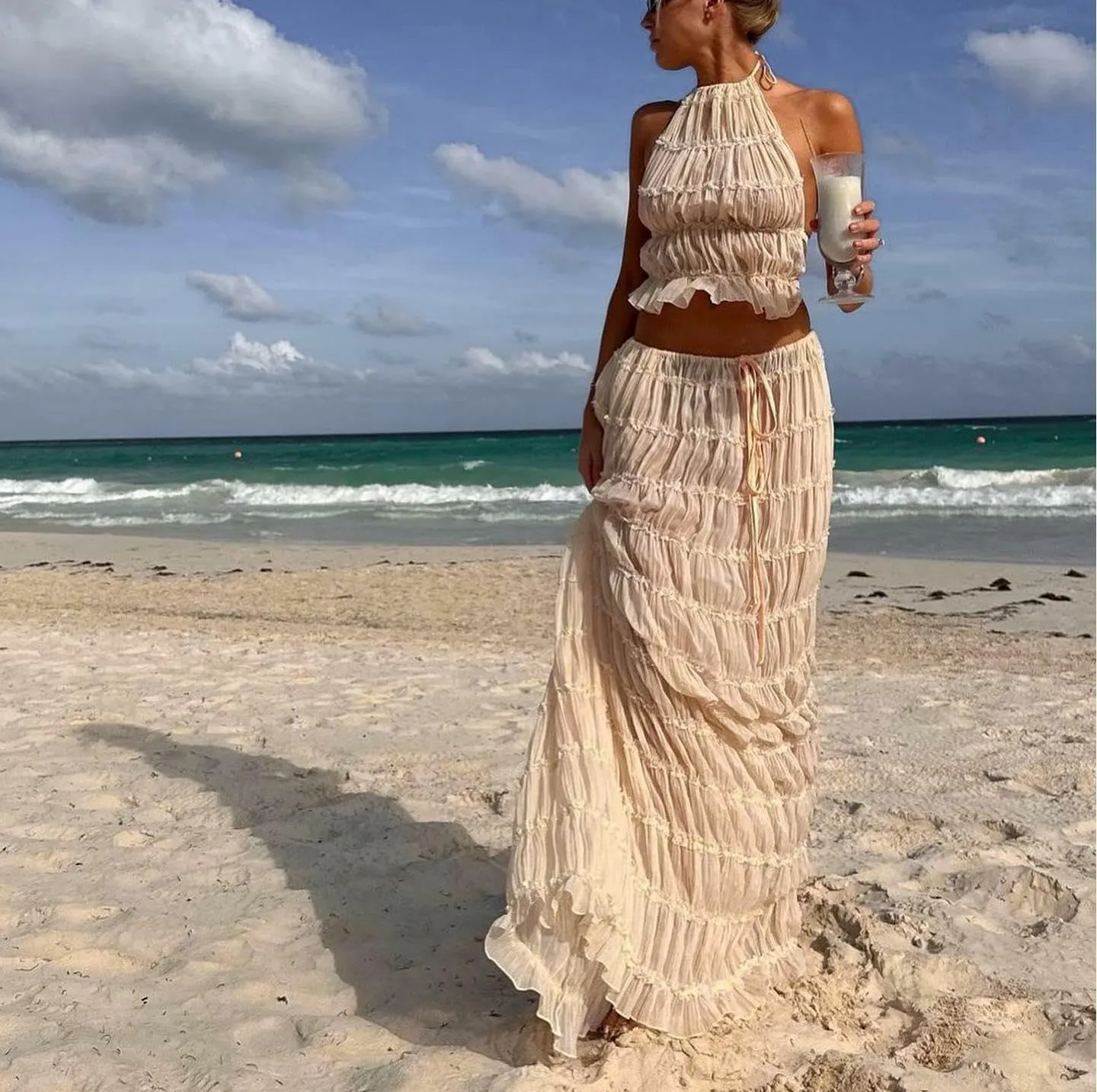 Women Y2k 2 Piece Outfits Lace Tie Up Halter Neck Cami Tops Pleated Maxi Flowy Skirt Summer Beach Vacation Set