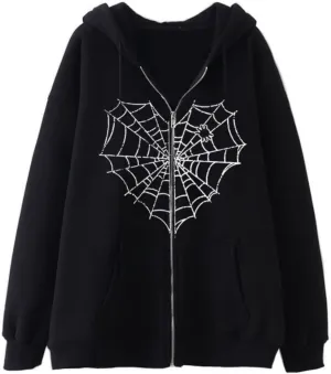 Women Y2K Zip Up Hoodie Spider Web Graphic Gothic Grunge Oversized Streetwear Hooded Sweatshirt Punk Emo Jacket Alt Clothes