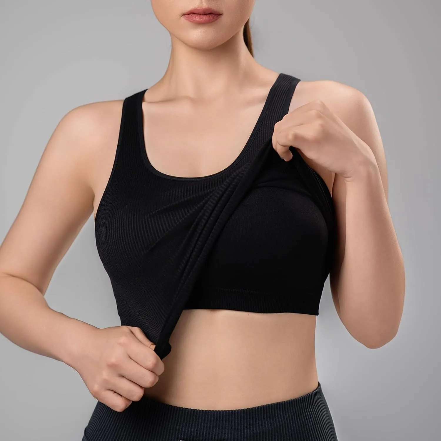 Women's 1/2 Pack Ribbed Workout Tank Tops with Built in Bra Racerback Seamless Crop Camisole Sport Tanks