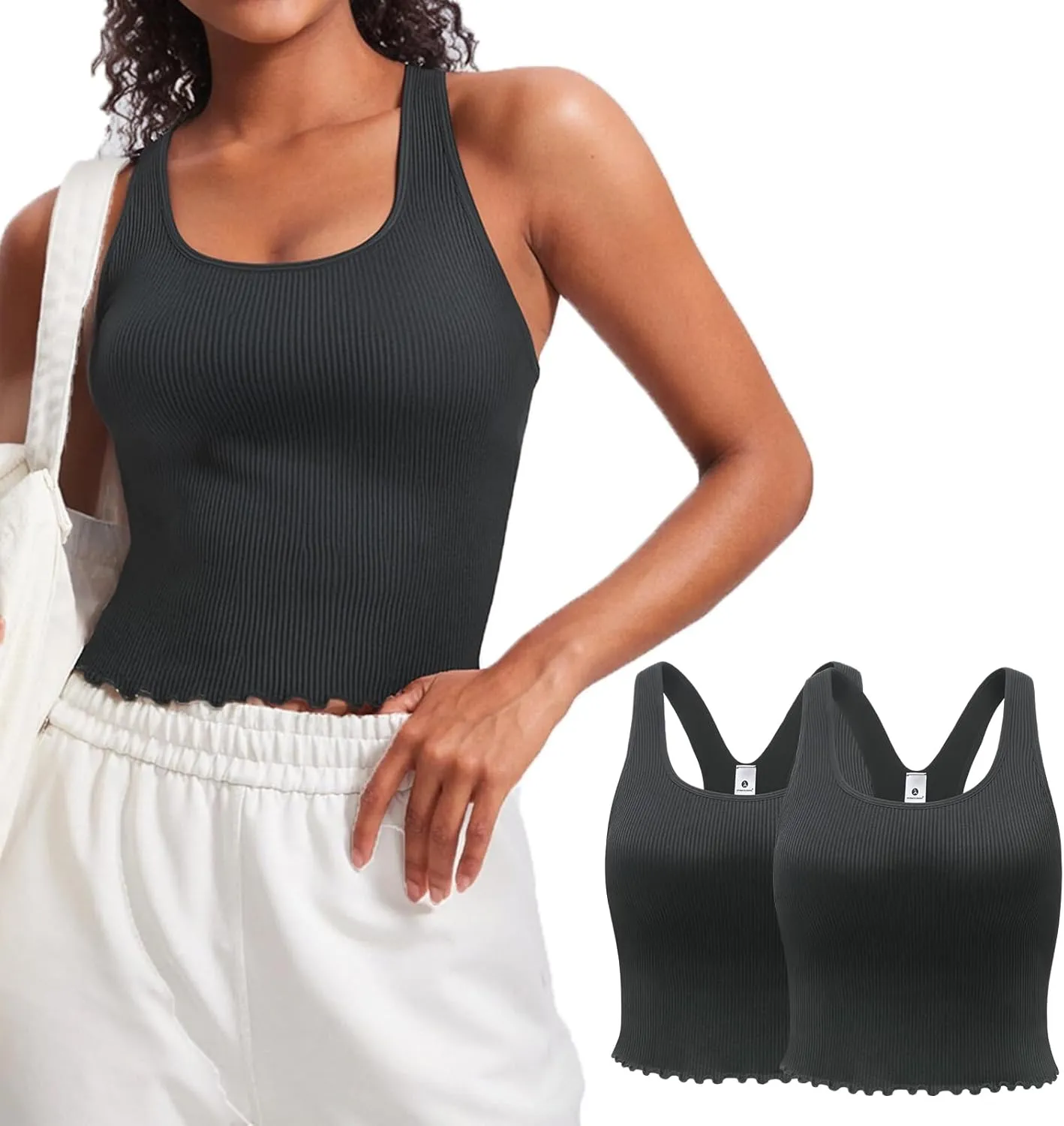 Women's 1/2 Pack Ribbed Workout Tank Tops with Built in Bra Racerback Seamless Crop Camisole Sport Tanks