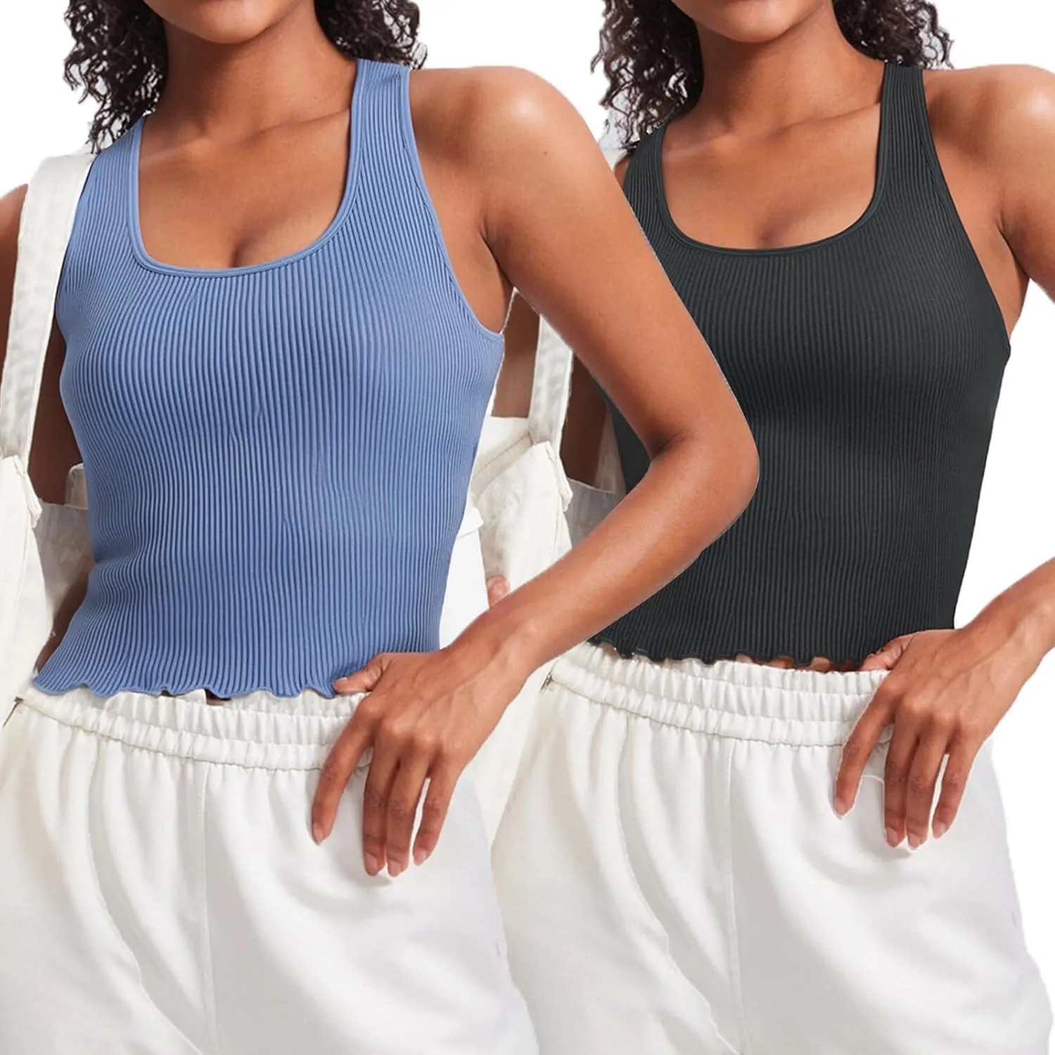 Women's 1/2 Pack Ribbed Workout Tank Tops with Built in Bra Racerback Seamless Crop Camisole Sport Tanks