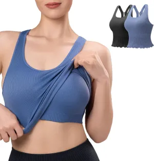 Women's 1/2 Pack Ribbed Workout Tank Tops with Built in Bra Racerback Seamless Crop Camisole Sport Tanks