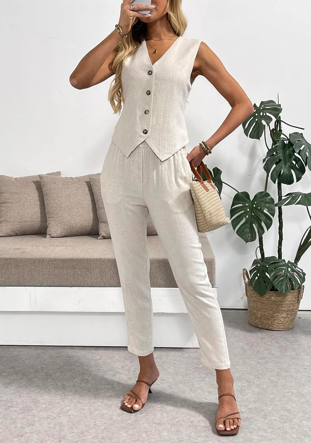 Women's 2 Piece Outfits Linen Vest Waistcoat Dressy Business Casual Sets Summer Tapered Pants Suits