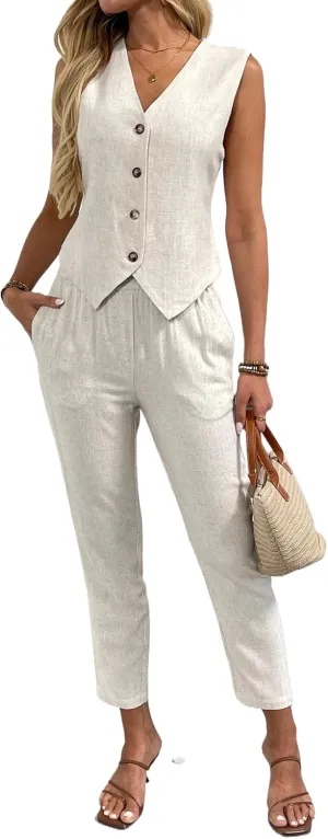 Women's 2 Piece Outfits Linen Vest Waistcoat Dressy Business Casual Sets Summer Tapered Pants Suits