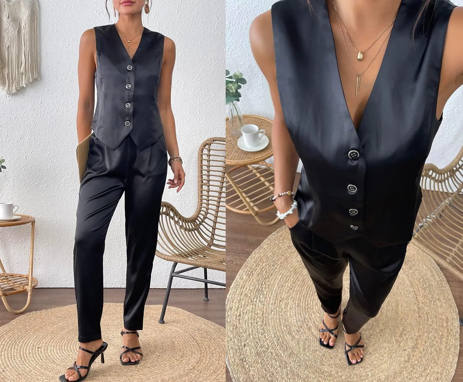 Women's 2 Piece Outfits Satin Suit Vest Waistcoat Dressy Business Casual Work Sets Tapered Pants Suits