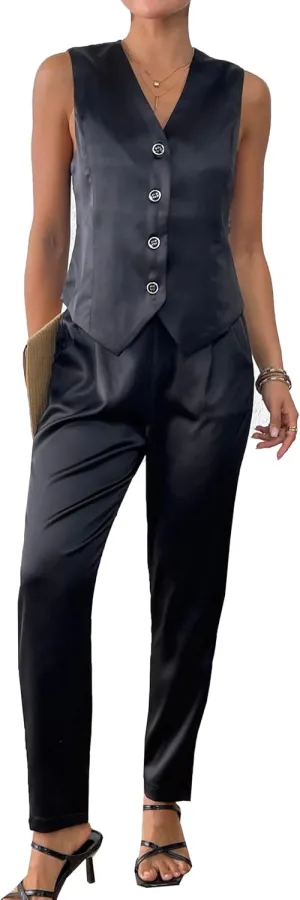 Women's 2 Piece Outfits Satin Suit Vest Waistcoat Dressy Business Casual Work Sets Tapered Pants Suits