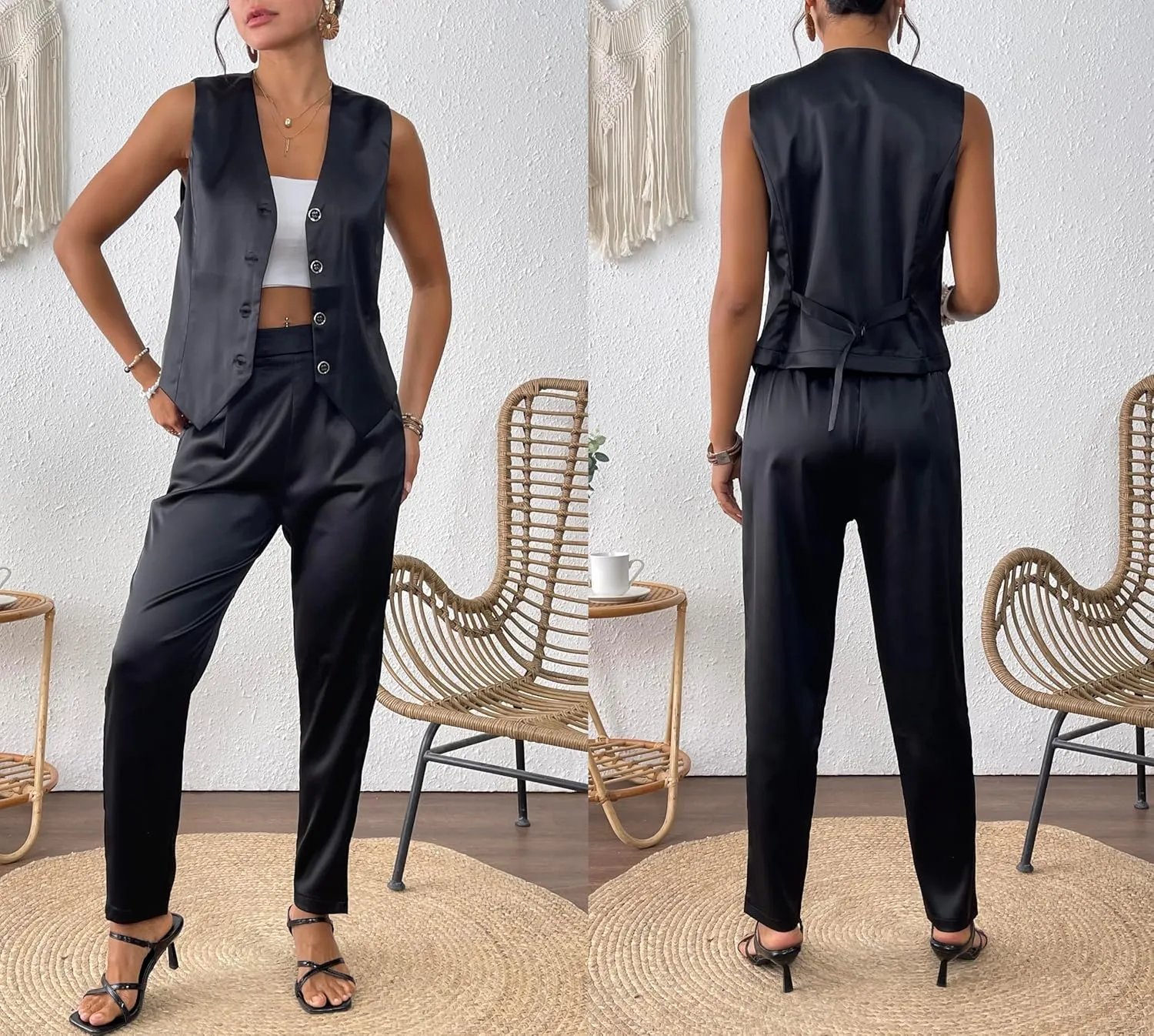 Women's 2 Piece Outfits Satin Suit Vest Waistcoat Dressy Business Casual Work Sets Tapered Pants Suits