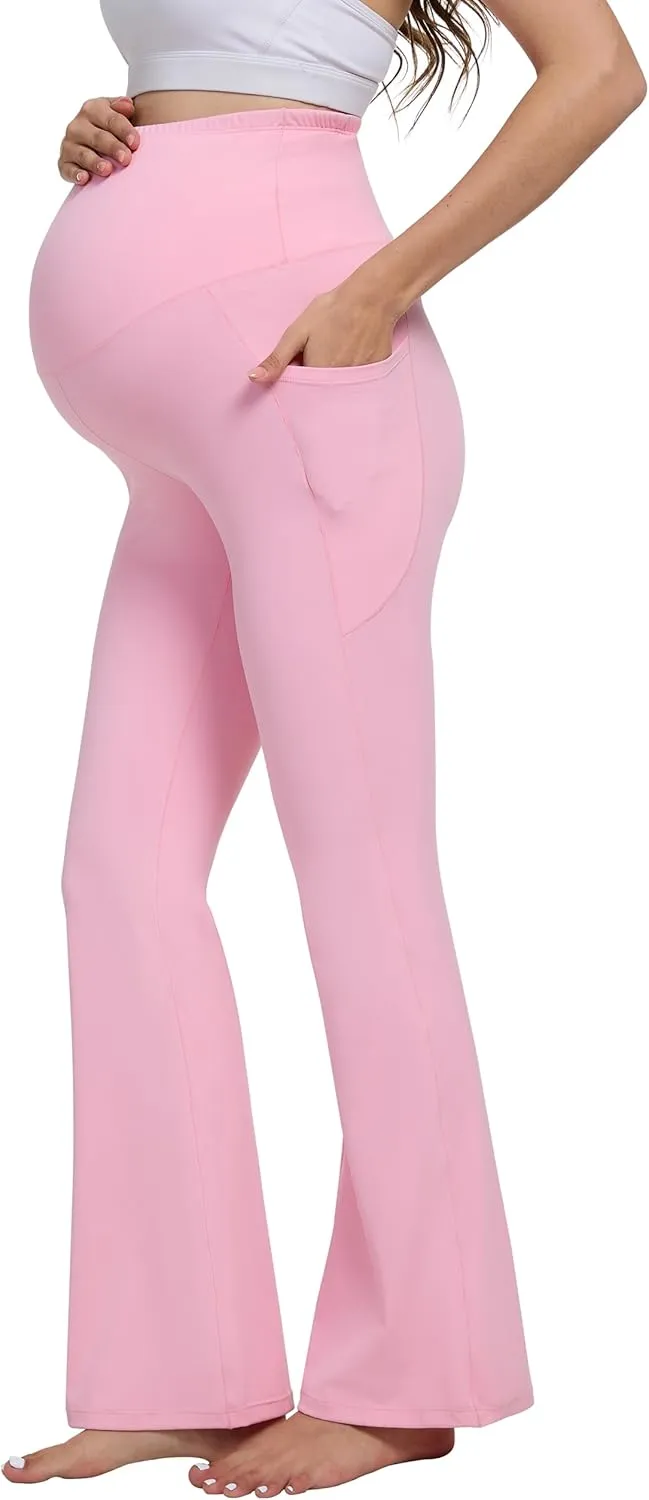 Womens 28/30 Inseam Soft Feeling Flare Maternity Yoga Pants Over The Belly with Pockets Pregnancy Leggings Casual