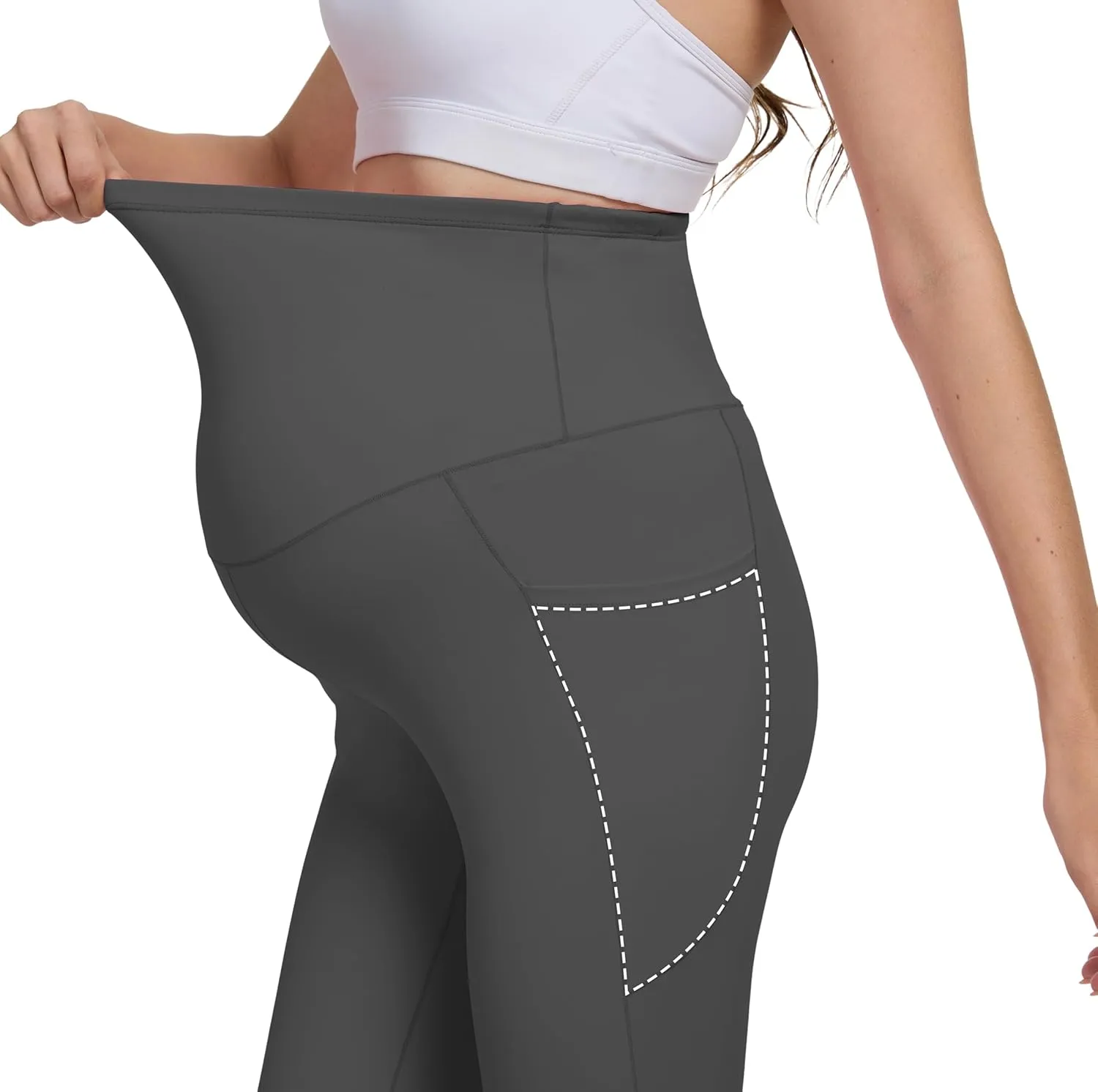 Womens 28/30 Inseam Soft Feeling Flare Maternity Yoga Pants Over The Belly with Pockets Pregnancy Leggings Casual
