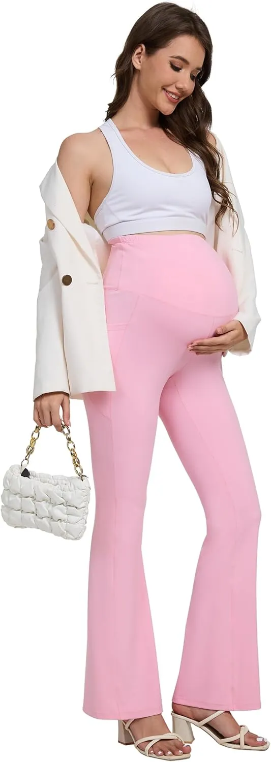 Womens 28/30 Inseam Soft Feeling Flare Maternity Yoga Pants Over The Belly with Pockets Pregnancy Leggings Casual
