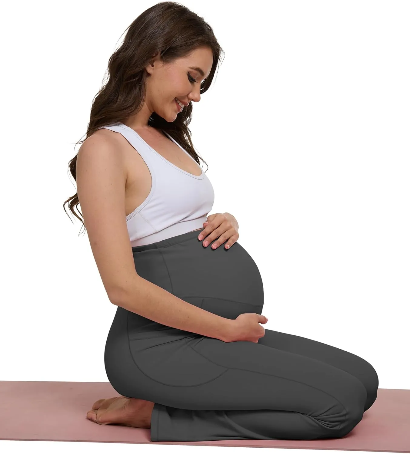 Womens 28/30 Inseam Soft Feeling Flare Maternity Yoga Pants Over The Belly with Pockets Pregnancy Leggings Casual