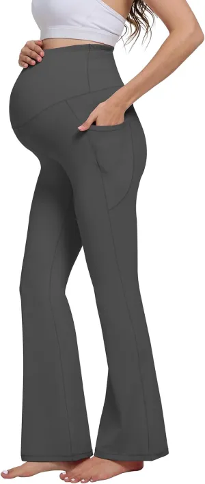 Womens 28/30 Inseam Soft Feeling Flare Maternity Yoga Pants Over The Belly with Pockets Pregnancy Leggings Casual